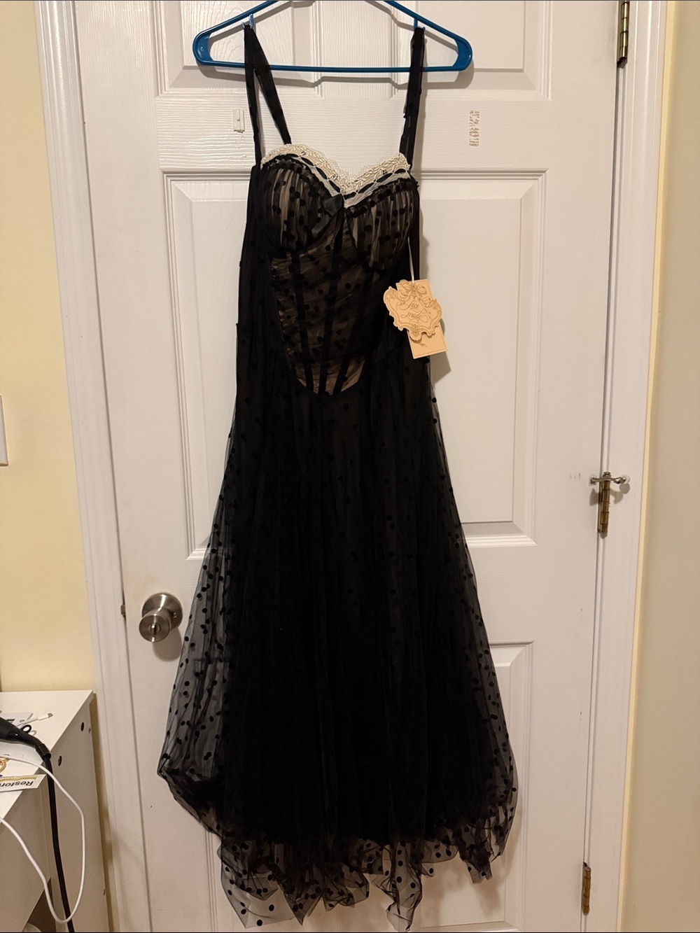Lacemade Black Lace-Trim Polka Dot Midi Dress - Elegant Evening Style